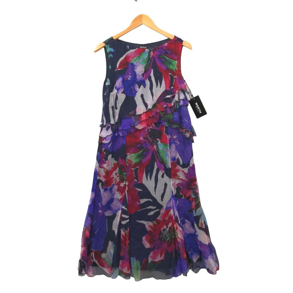 Worth New York Dress Womens 6 Silk Chiffon Sleeveless Tiered Purple Floral